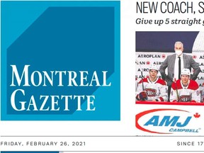 Montreal Gazette pillbox. Logo. Front from paper of Feb. 26, 2021.