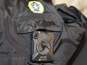 A body camera on a police vest is photographed during the launch of a pilot project on May 18, 2016 at City Hall. "At a time when viral cellphone videos of police violence draw much attention on social media, the promise of more footage of police interactions has an obvious appeal. Sadly, research on body cams does not support these hopes," Justin Doucet and Ted Rutland write.