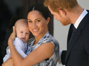 Megan, Duchess of Sussex and Prince Harry, Duke of Sussex are expecting their second child together. Here they are seen with their baby son Archie Mountbatten-Windsor at a meeting with Archbishop Desmond Tutu at the Desmond & Leah Tutu Legacy Foundation during their royal tour of South Africa on Sept. 25, 2019, in Cape Town, South Africa.