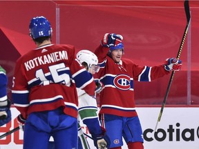 Tyler Toffoli of the Montreal Canadiens celebrates his goal against the Vancouver Canucks during the second period at the Bell Centre on Feb. 2, 2021, in Montreal.