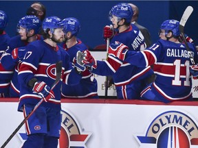 Canadiens' Josh Anderson celebrates his goal with teammates during the third period against the Senators at the Bell Centre last week.