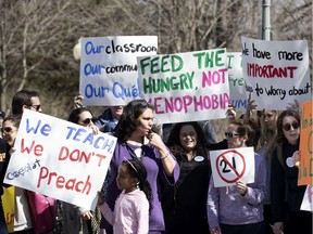 Westmount Park Elementary School teachers protest against Bill 21 in Montreal, on Wednesday, April 17, 2019. "Whether or not Bill 21 has yet had a significant impact on numbers of new teachers, the government should be doing everything possible to encourage, rather than discourage, entrants to the profession," Robert Libman writes.