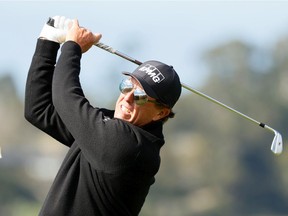 Phil Mickelson of the United States plays his shot from the fifth tee during the second round of the AT&T Pebble Beach Pro-Am at Pebble Beach Golf Links on Feb. 12, 2021, in Pebble Beach, Calif.
