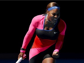 Serena Williams of the United States celebrates after winning a point in her Women's Singles fourth round match against Aryna Sabalenka of Belarus during day seven of the 2021 Australian Open at Melbourne Park on Sunday, Feb. 14, 2021, in Melbourne, Australia.