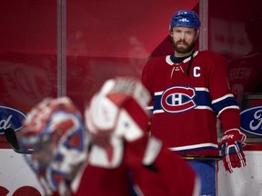 Canadiens defenceman Shea Weber (6) watches over goaltender Carey Price (31) as he takes part in the pregame skate during NHL action against Vancouver Canucks in Montreal on Monday, February 1, 2021.