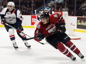 Forward Cam Hillis of the Guelph Storm skates against the Windsor Spitfires during OHL game on Sept. 24, 2017, at the WFCU Centre in Windsor.