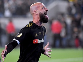 Laurent Ciman of Los Angeles FC celebrates a 1-0 win over the Seattle Sounders in extra time during the inaugural home game at Banc of California Stadium on April 29, 2018, in Los Angeles.