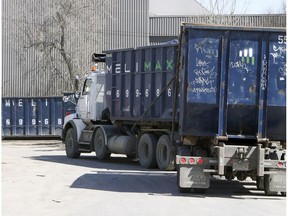 A truck delivers waste containers to the Ecocentre in LaSalle on  April 11, 2019.