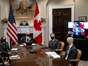 U.S. Vice President Kamala Harris, President Joe Biden, Secretary of State Tony Blinken, and National Security Council Senior Director for Western Hemisphere Juan Gonzalez, participate in a virtual bilateral meeting with Prime Minister Justin Trudeau in the Roosevelt Room of the White House on February 23, 2021.