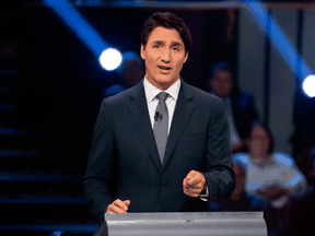 Liberal leader Justin Trudeau speaks during the federal leaders French language debate in Gatineau, Quebec on October 10, 2019.