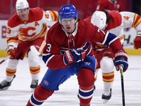 Montreal Canadiens forward Tyler Toffoli chases the puck on his way to scoring against the Calgary Flames. Toffoli has nine goals in 12 games so far this season.
