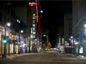 Ste-Catherine St. in downtown Montreal is seen on Jan. 9, the first after a curfew was imposed by the Quebec government to help slow the spread of COVID-19.