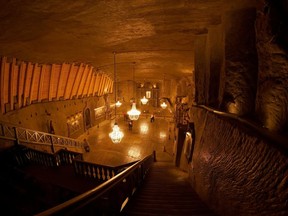 People get a treatment in the Wieliczka salt mine to deal with respiratory illness in Wieliczka, Poland, on Friday,  Feb. 26, 2021.