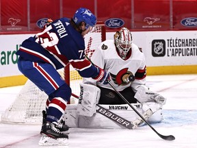 Ottawa Senators goaltender Matt Murray makes a save against Montreal Canadiens right-wing Tyler Toffoli during the third period at the Bell Centre in Montreal on Feb. 4, 2021.