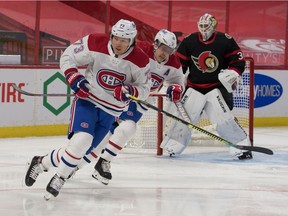 Feb 20, 2021; Ottawa, Ontario, CAN; Montreal Canadiens center Tyler Toffoli (73) and right wing Brendan Gallagher (11) skate up the ice in the first period against the Ottawa Senators at the Canadian Tire Centre. Mandatory Credit: Marc DesRosiers-USA TODAY Sports