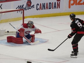 The Senators’ Josh Norris beats Canadiens goalie Carey Price for the winning goal in 5-4 shootout victory Tuesday night in Ottawa.