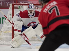 Canadiens goalie Jake Allen gets set for shot from Senators forward Brady Tkatchuk during second period of Saturday afternoon’s game in Ottawa.