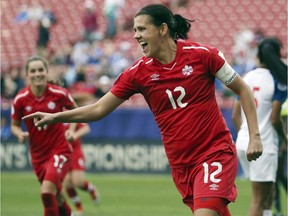 Canada forward Christine Sinclair celebrates after scoring a goal in the second half of a soccer match at the CONCACAF women's World Cup qualifying tournament against Panama in Frisco, Tex., on Oct. 14, 2018.