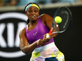 FILE PHOTO: Tennis - Australia - January 20, 2020. Sloane Stephens of the U.S. in action during the match against China's Zhang Shuai on Jan. 20, 2020, at the Australian Open in Melbourne.