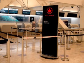 A view of the empty counter of Air Canada at the International Airport in Mexico City on February 1, 2021.
