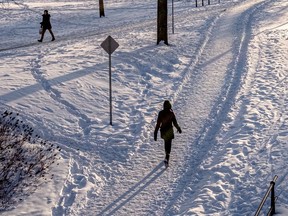 Long shadows and cold temperatures contributed to a brisk walk along the Lachine Canal in Montreal's Griffintown district on Jan. 30, 2021.