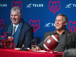 Canadian Football League commissioner Randy Ambrosie, left, and Alouettes co-owner Gary Stern. "The CFL has been around a long time and has an avid group of fans. But it most certainly needs help, as COVID-19 pointed out," Stern said about possible talks with the XFL.