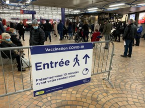 The entrance to the COVID-19 vaccination clinic at Montreal's Olympic Stadium on the first day of Quebec's mass-vaccination campaign.