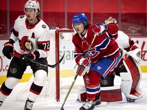 Montreal Canadiens' Tyler Toffoli (73) and Ottawa Senators defenceman Thomas Chabot during action in Montreal on March 2, 2021.