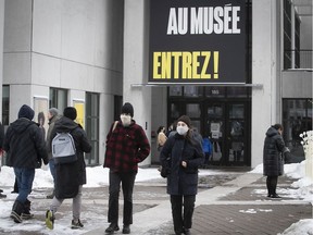 As some Montrealers leave the MAC others wait in line for admittance  on March 3, 2021