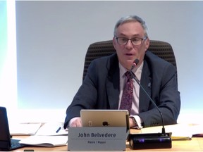 Pointe-Claire Mayor John Belvedere speaks during the webcast of the Feb. 9 city council meeting, held without the public attending in person due to COVID-19 safety restrictions.