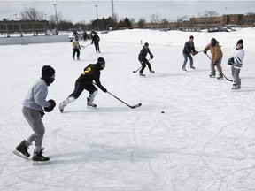 Pickup hockey on a cold morning at Jarry park on March 6, 2021