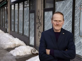 Peter McQueen, city councillor in N.D.G., stands on Sherbrooke St. W., where there is a growing number of shuttered storefronts. The pandemic hasn't helped the situation.