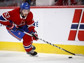 Montreal Canadiens defenceman Victor Mete carries puck during game against the Winnipeg Jets in Montreal on Jan. 6, 2020.