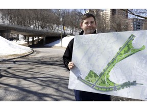 Executive committee vice-chairperson Sylvain Ouellet displays an artist's rendering of the new configuration the city has announced to renovate the intersection of Cote-des-Neiges and Remembrance Rds.