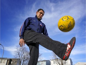 MONTREAL, QUE.: MARCH 18, 2021 -- Daniel Wassef does soccer toe taps outside his house in Laval, north of Montreal, Thursday March 18, 2021.  In 2020, Wassef set a Guinness world record for the most toe taps in a minute. (John Mahoney / MONTREAL GAZETTE)