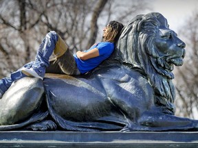 Jon Pointer takes in the sun on top of a lion at the base of the Sir George-Étienne Cartier monument on Park Ave.