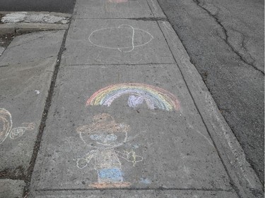 Chalk painted rainbow on Mariette Avenue in NDG on Wednesday March 25, 2020.