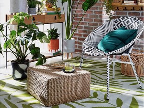 Outdoor carpets can make a colourful statement inside a family home, too. 8' x 10' Leaf Print Outdoor Rug, $60, HomeSense