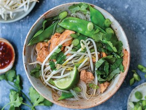 Canned salmon tops Susan Sampson’s variation on pho.