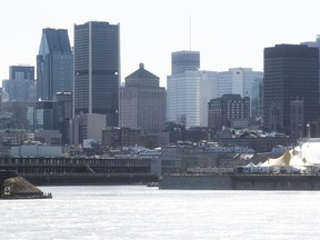 Montreal city skyline seen from the Calder statue at Jean-Drapeau park in April 2020.