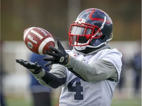 Receiver Quan Bray catches a pass during Montreal Alouettes practice in Montreal on Nov. 8, 2019.
