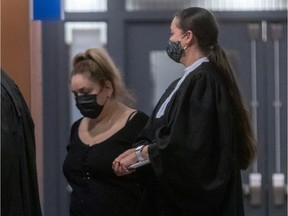 Sandra Testa, left, a defendant in a lawsuit who is accused of stealing $15 million from Phoebe Greenberg, a wealthy Montrealer and supporter of the arts, testified on Thursday December 10, 2020 at the Palais de Justice in Montreal.