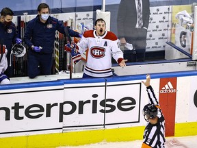 Canadiens winger Brendan Gallagher complains to referee Kyle Rehman as he bleeds from the mouth for the lack of a penalty call against the Philadelphia Flyers during the third period in Game 5 of their Eastern Conference first-round playoff series at Scotiabank Arena in Toronto on Aug. 19, 2020.