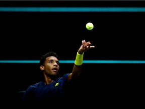 Felix Auger-Aliassime of Canada serves in his match against Kei Nishikori of Japan during Day 1 of the 48th ABN AMRO World Tennis Tournament at Ahoy on March 01, 2021 in Rotterdam, Netherlands.