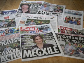 A selection of British newspaper publications in response to the Meghan, Duchess of Sussex and Prince Harry, Duke of Sussex's interview with Oprah Winfrey on March 8, 2021 in London.