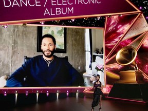 In this screengrab released on Sunday, March 14, 2021, Montrealer Kaytranada accepts the Best Dance/Electronic Album award for Bubba at the 63rd Annual Grammy Awards Premiere Ceremony broadcast on Sunday.