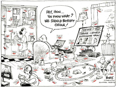 Editorial cartoon of a man reading the news tells his wife “Hey, Hon…You know what? We should boycott China?” while around their house dozens of items have "made in China" labels.
