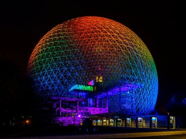 The Biosphere at Parc Jean-Drapeau was lit in rainbow colours in support of the #cavabienaller movement on April 19, 2020. Dave