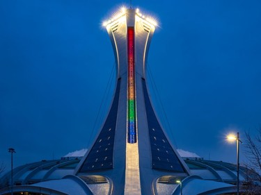 The Olympic Stadium lit its tower spine in the rainbow colours on April 27, 2020 in support of #CaVaBienAller