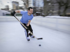 Andres Guzman took advantage of milder temperatures in Montreal Tuesday March 9, 2021 to go skating on the rink at Cabot Square with just a t-shirt on top.  A critical care physician from Chilé, it was only his third time skating on ice.